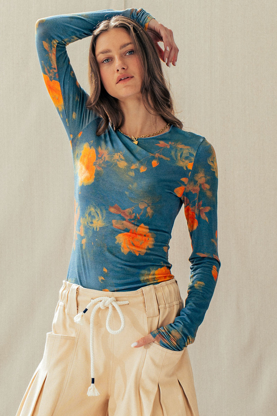 floral print mesh long sleeve top - teal multi (additional view)