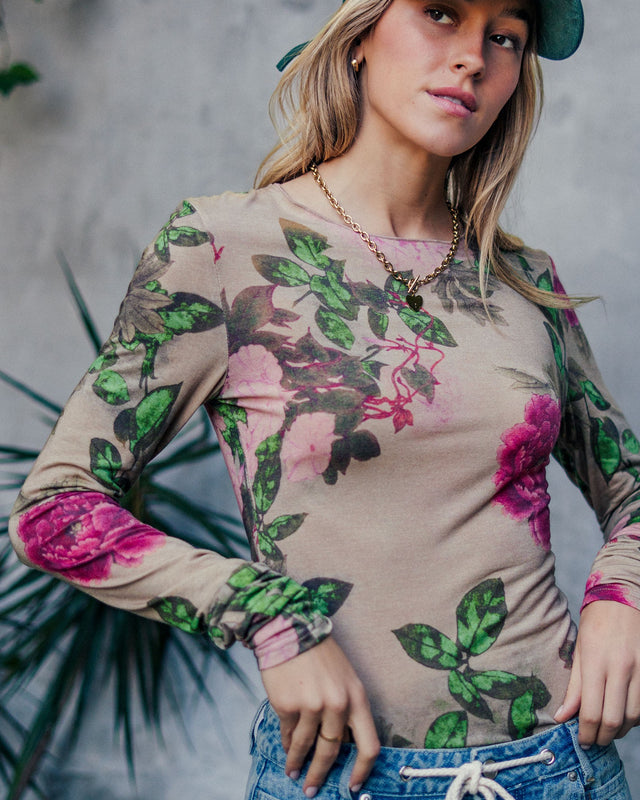 print mesh long sleeve top - taupe multi