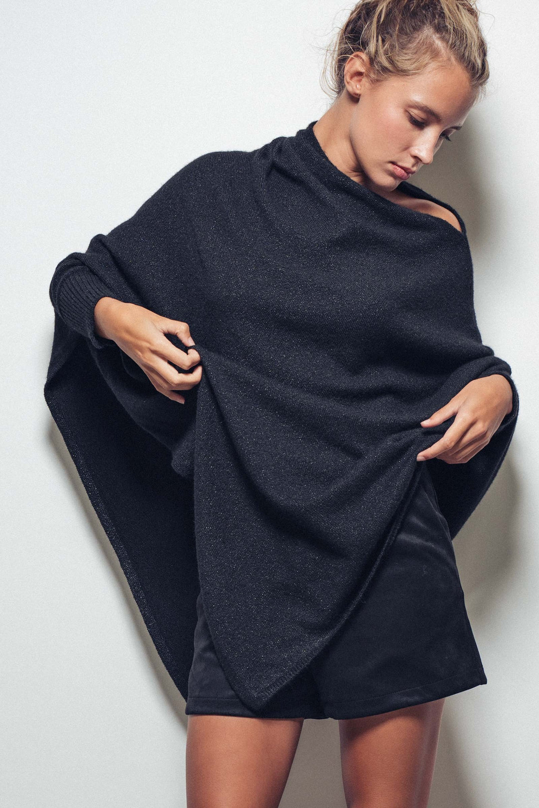 asymmetrical drape knit poncho sweater - black (additional view)