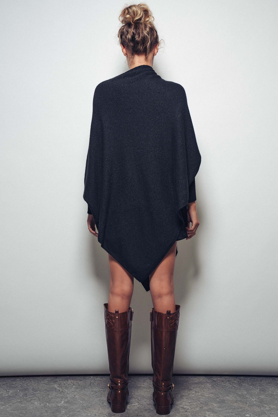 asymmetrical drape knit poncho sweater - black (additional view)