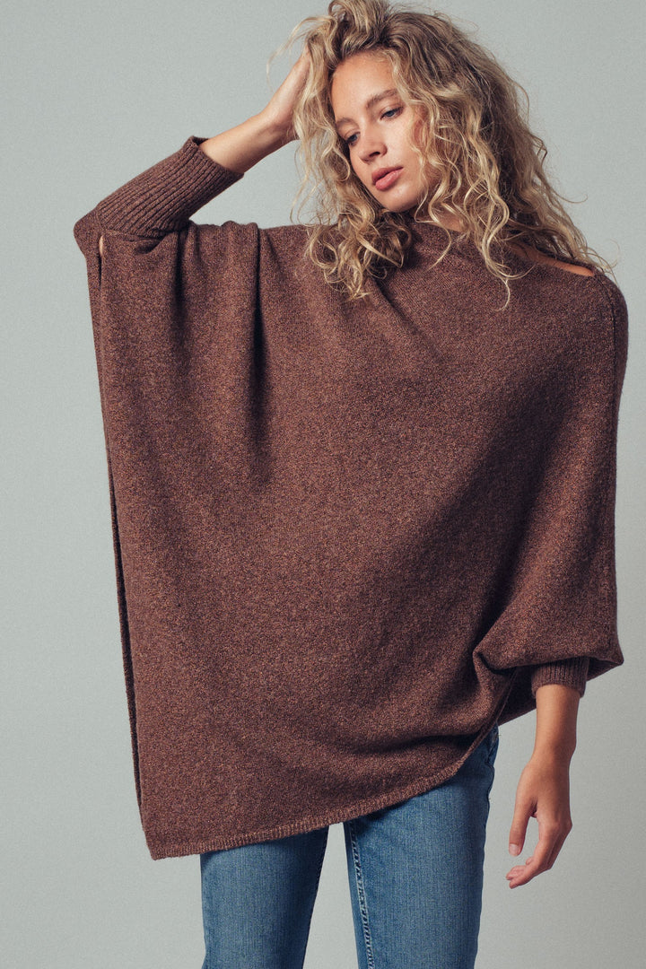 asymmetrical drape knit poncho sweater - brown (additional view)