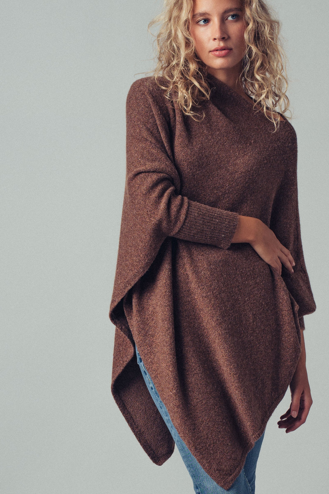 asymmetrical drape knit poncho sweater - brown (additional view)