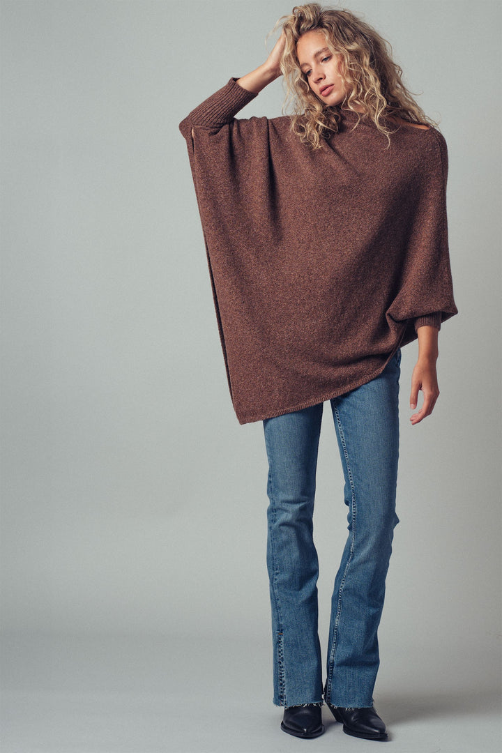 asymmetrical drape knit poncho sweater - brown (additional view)