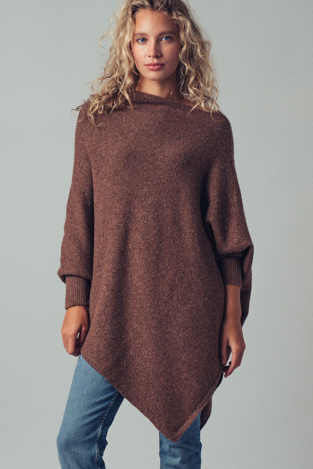 asymmetrical drape knit poncho sweater - brown (additional view)