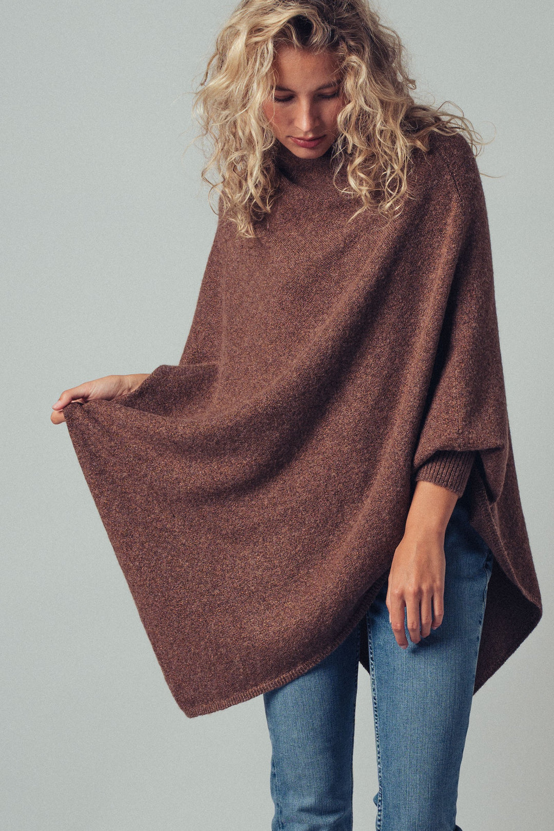 asymmetrical drape knit poncho sweater - brown (additional view)