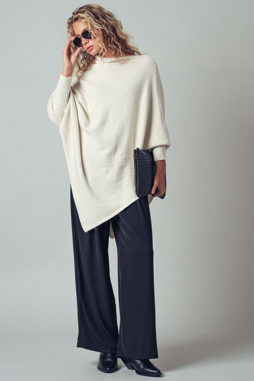 asymmetrical drape knit poncho sweater - ivory (additional view)