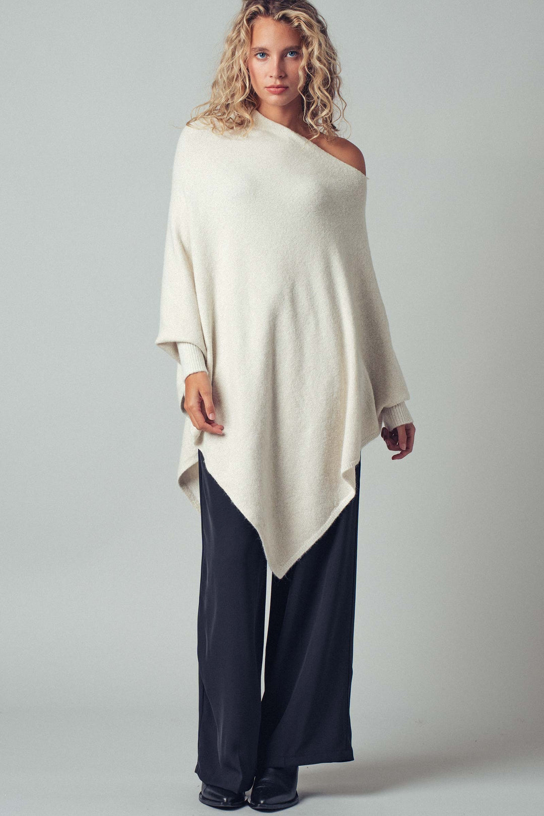 asymmetrical drape knit poncho sweater - ivory (additional view)