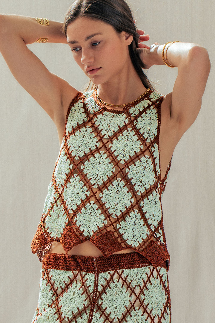 diamond weave crochet tank - mint brown