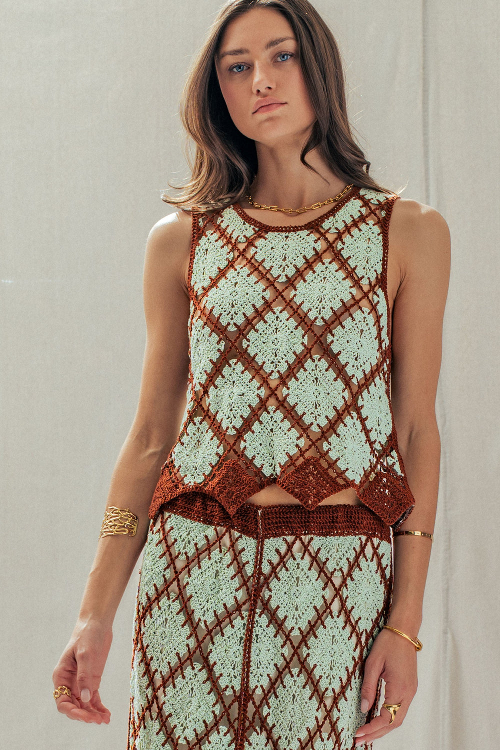 diamond weave crochet tank - mint brown (additional view)