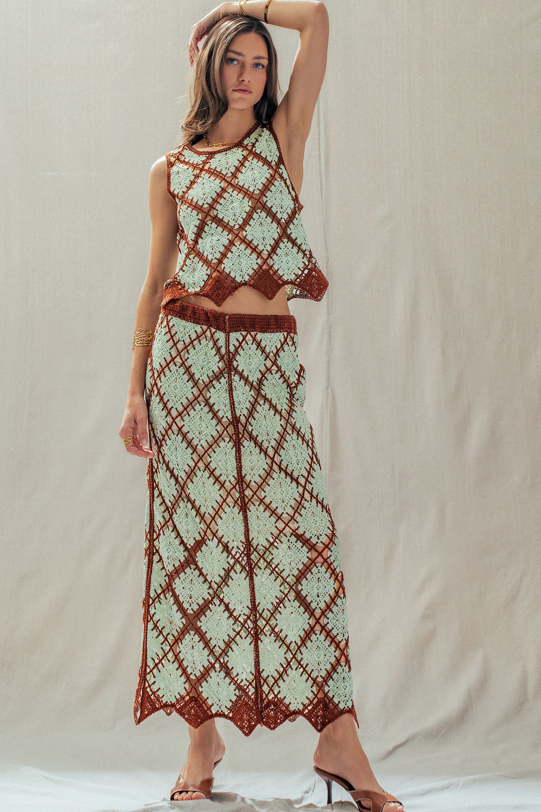 diamond weave crochet tank - mint brown (additional view)