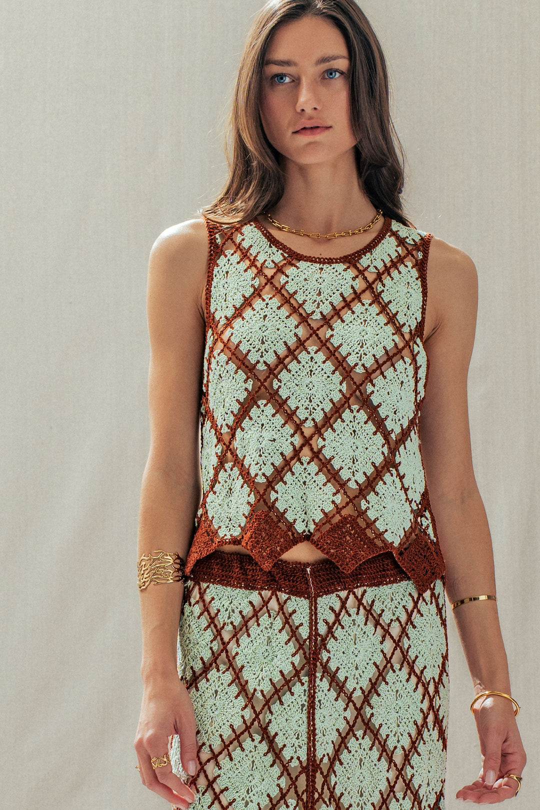 diamond weave crochet tank - mint brown (additional view)
