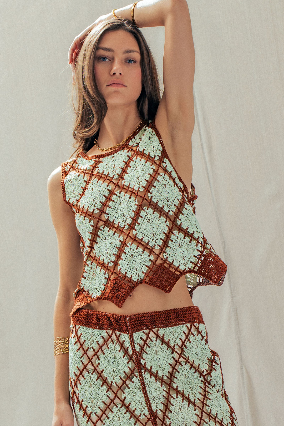 diamond weave crochet tank - mint brown (additional view)