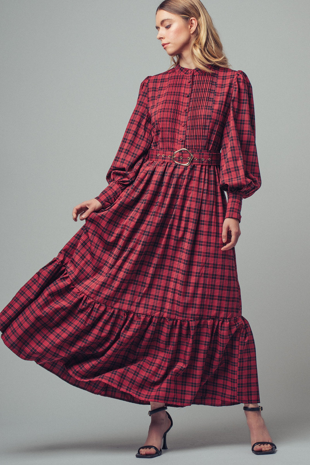 plaid long sleeve maxi dress with belt detail - red