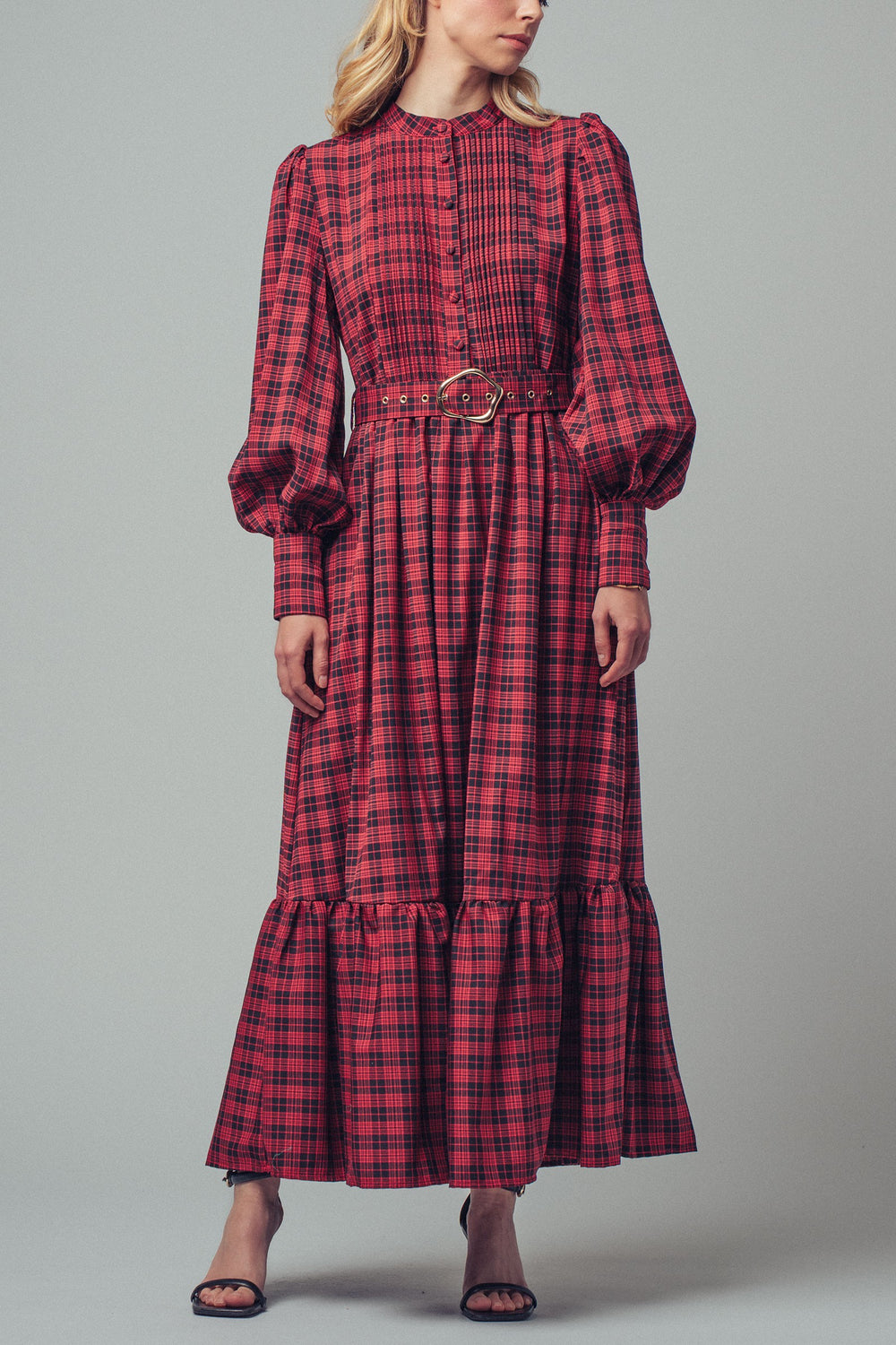 plaid long sleeve maxi dress with belt detail - red (additional view)