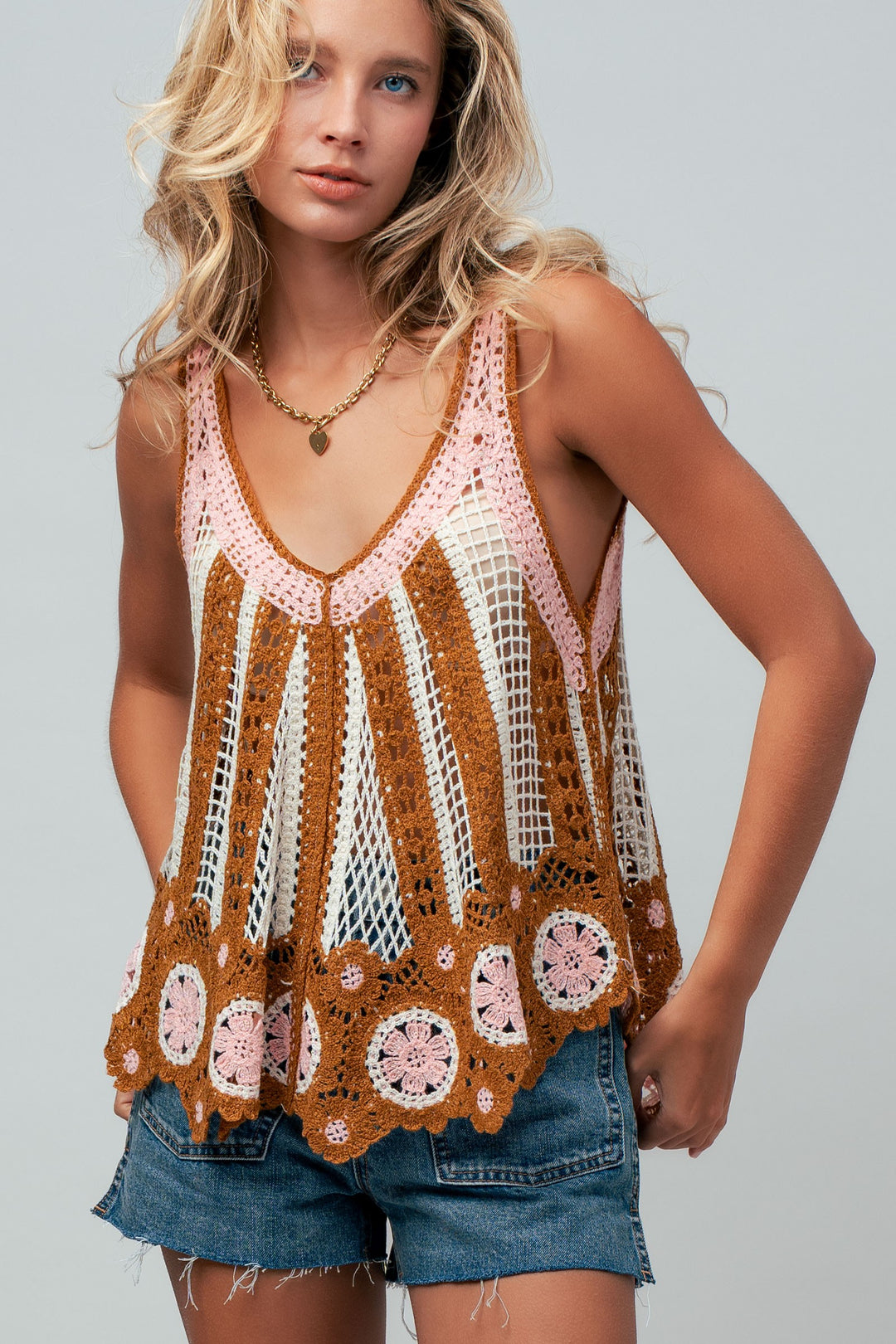 crochet lace mixed tank - brown pink (additional view)