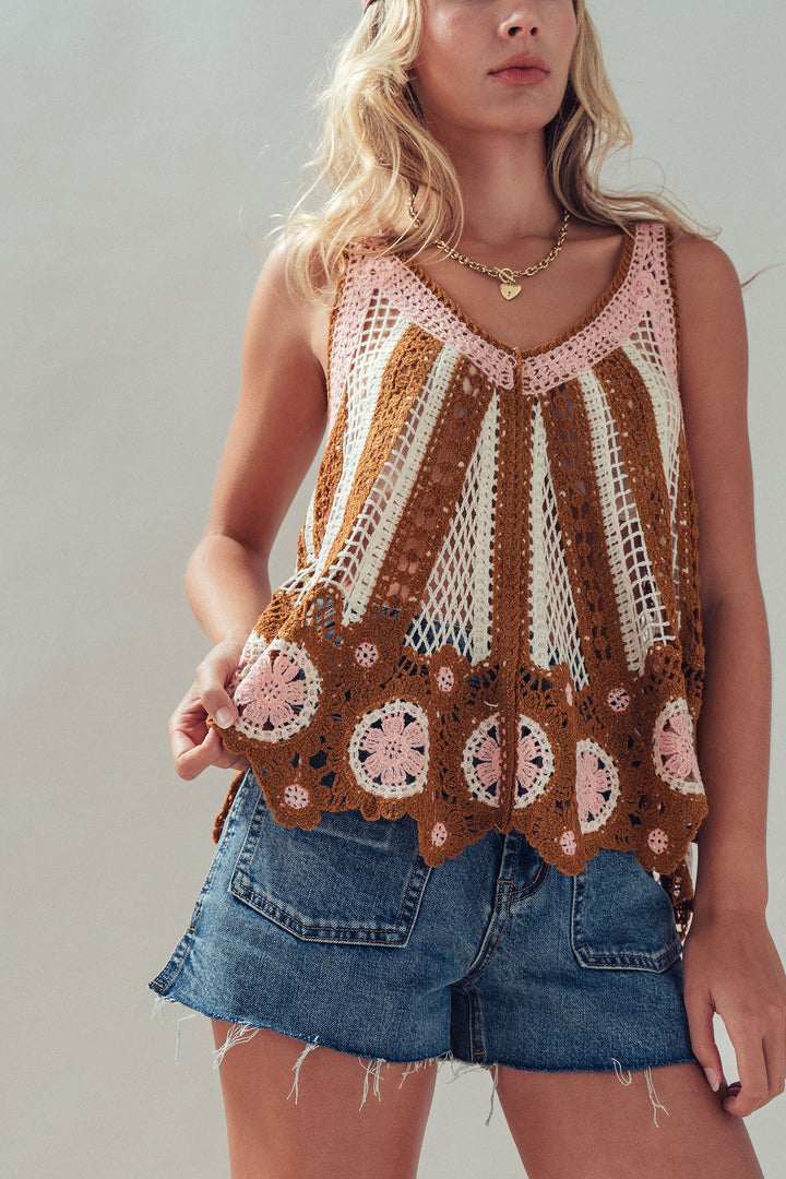 crochet lace mixed tank - brown pink (additional view)