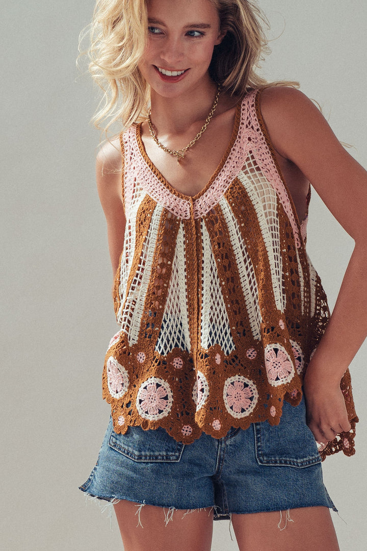 crochet lace mixed tank - brown pink (additional view)