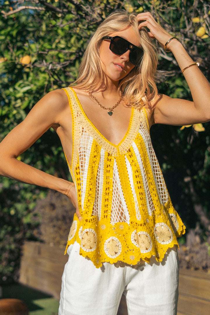 crochet lace mixed tank - ivory yellow (additional view)
