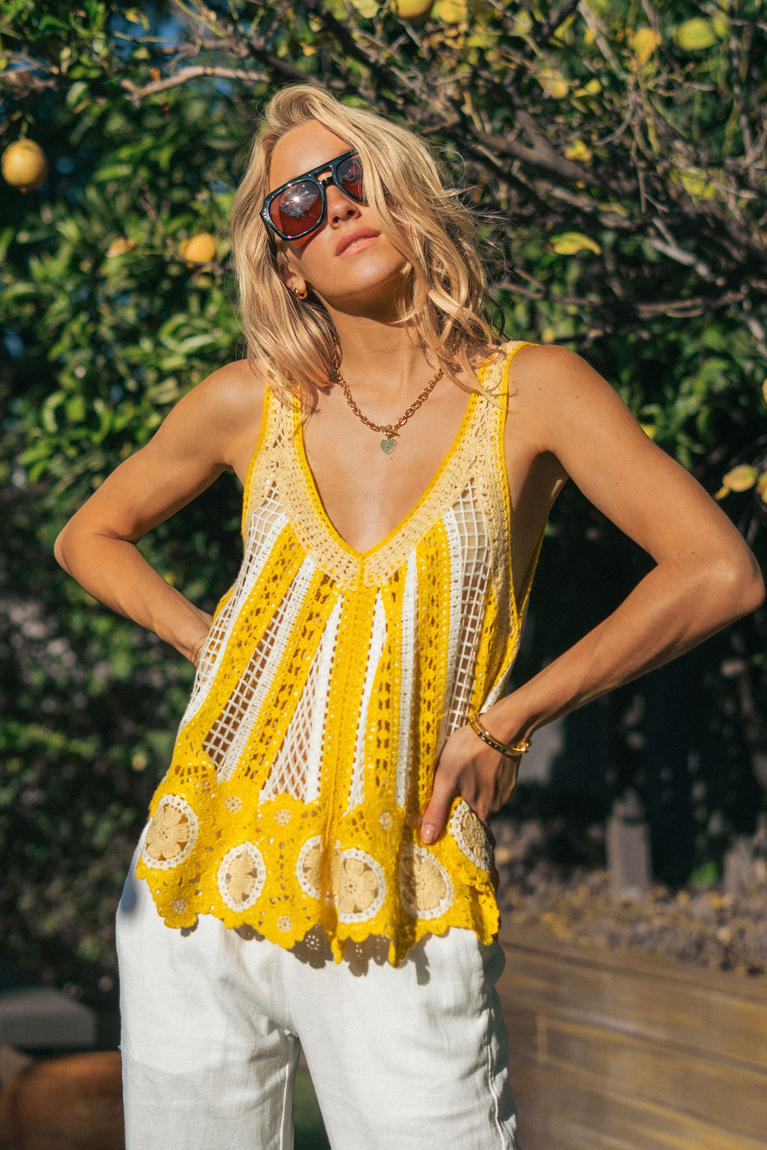 crochet lace mixed tank - ivory yellow (additional view)