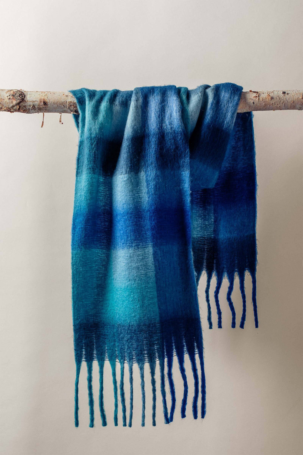 plaid fringe scarf - blue