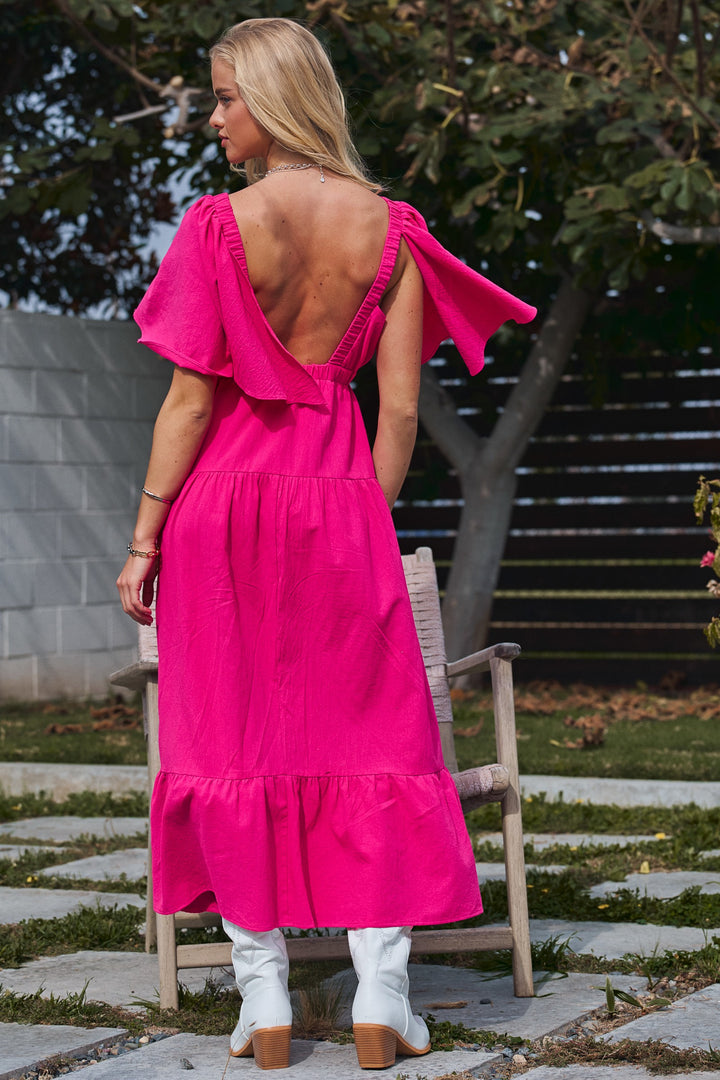 sleeve open back maxi dress - hot pink (additional view)
