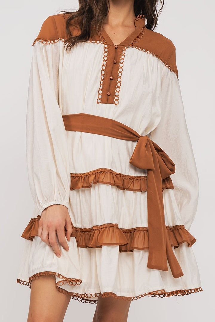 Boho Western Ruffle Mini Dress with Belt | wholesale dresses | Trend Notes