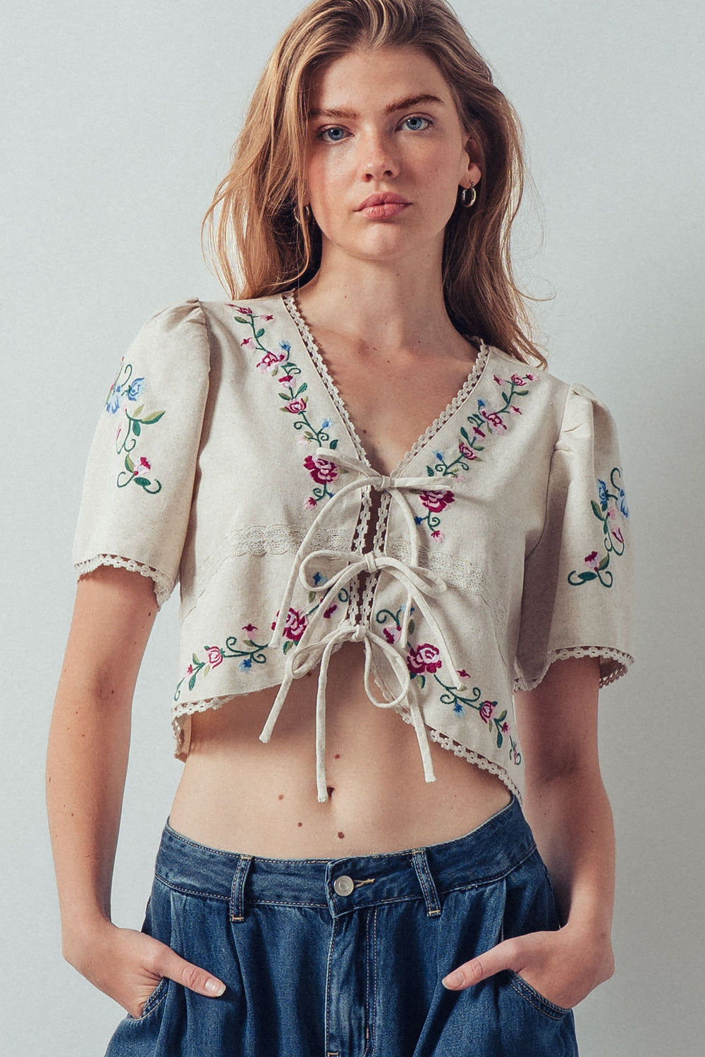 boho embroidered tie front casual crop top - natural (additional view)