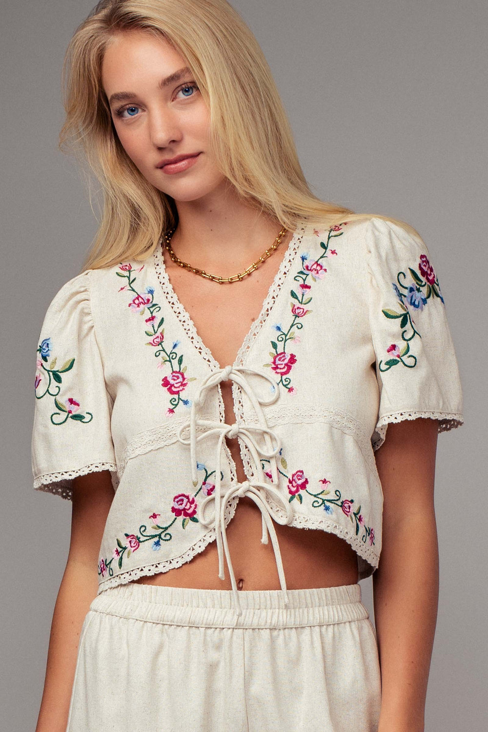boho embroidered tie front casual crop top - natural (additional view)