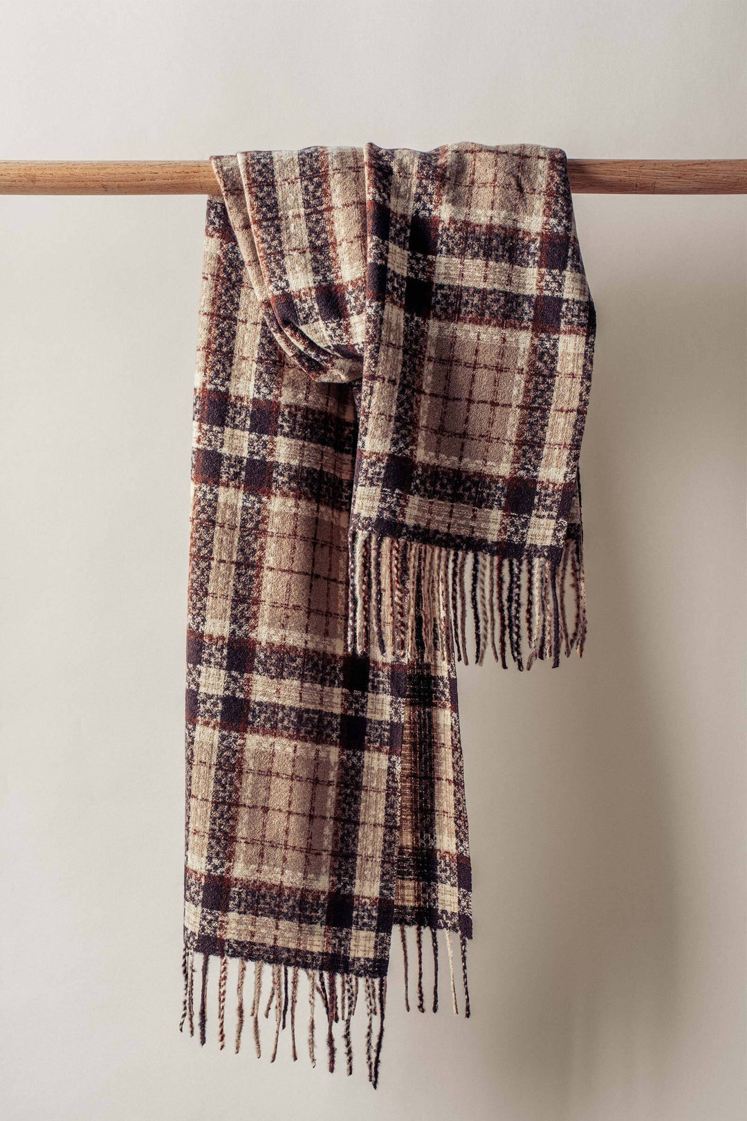 plaid fringe scarf - taupe