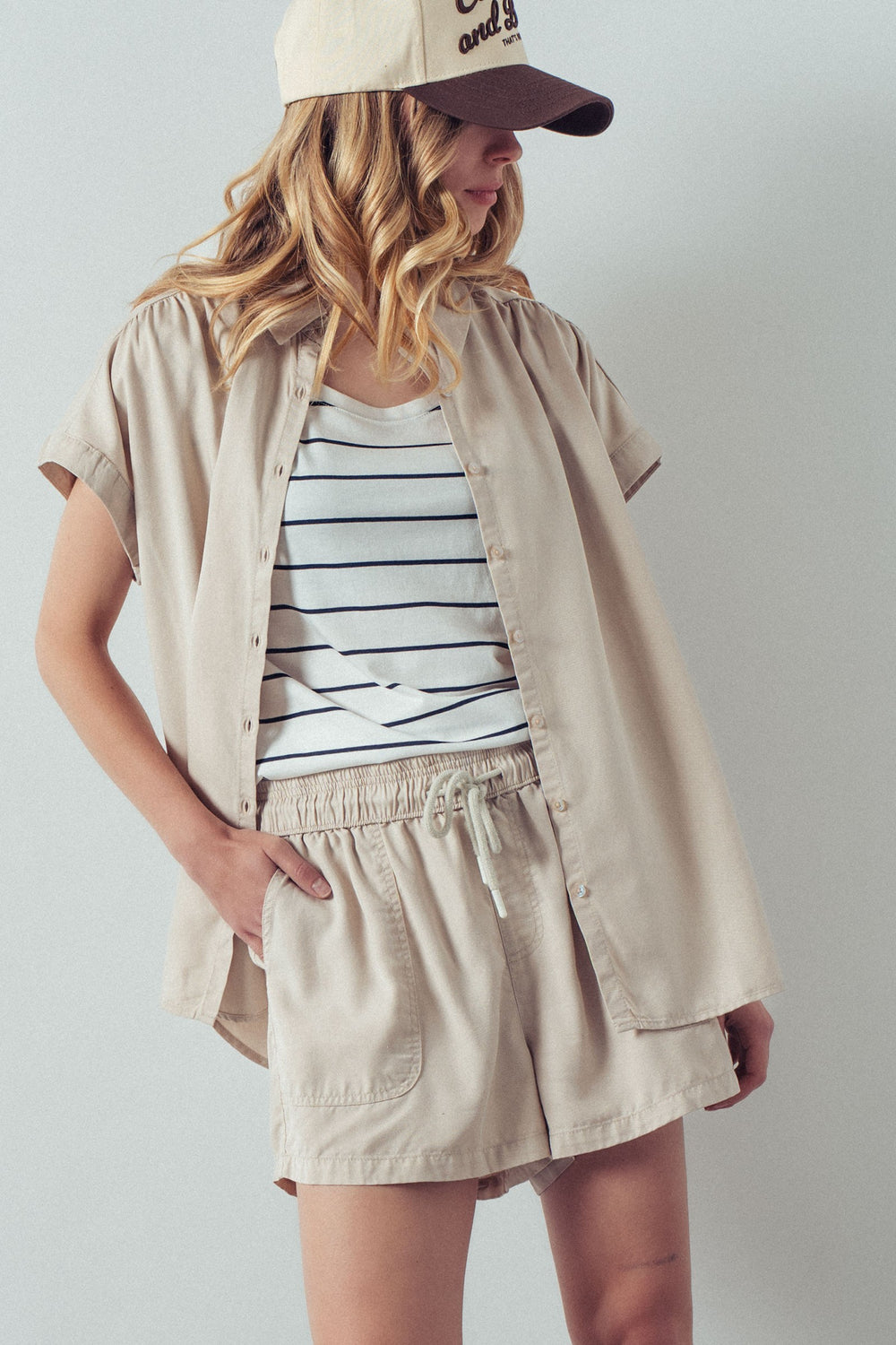relaxed collared cap sleeve chambray shirt - natural (additional view)
