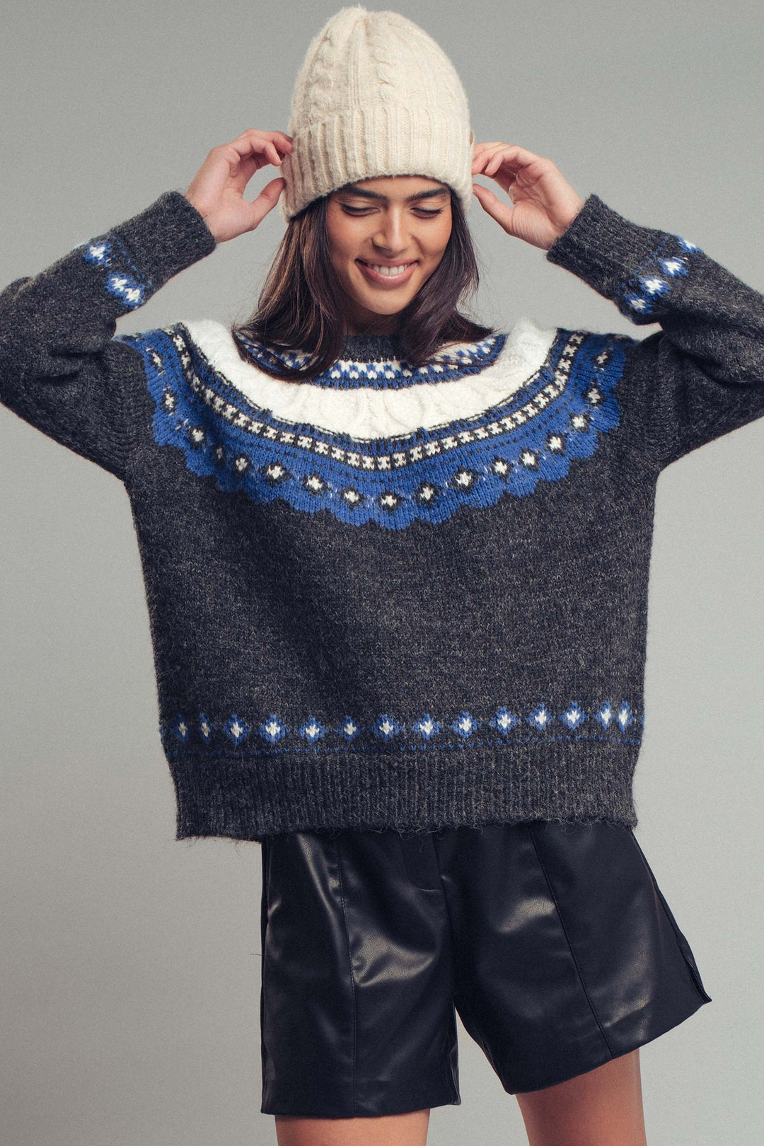 classic nordic pattern wool crewneck sweater - charcoal