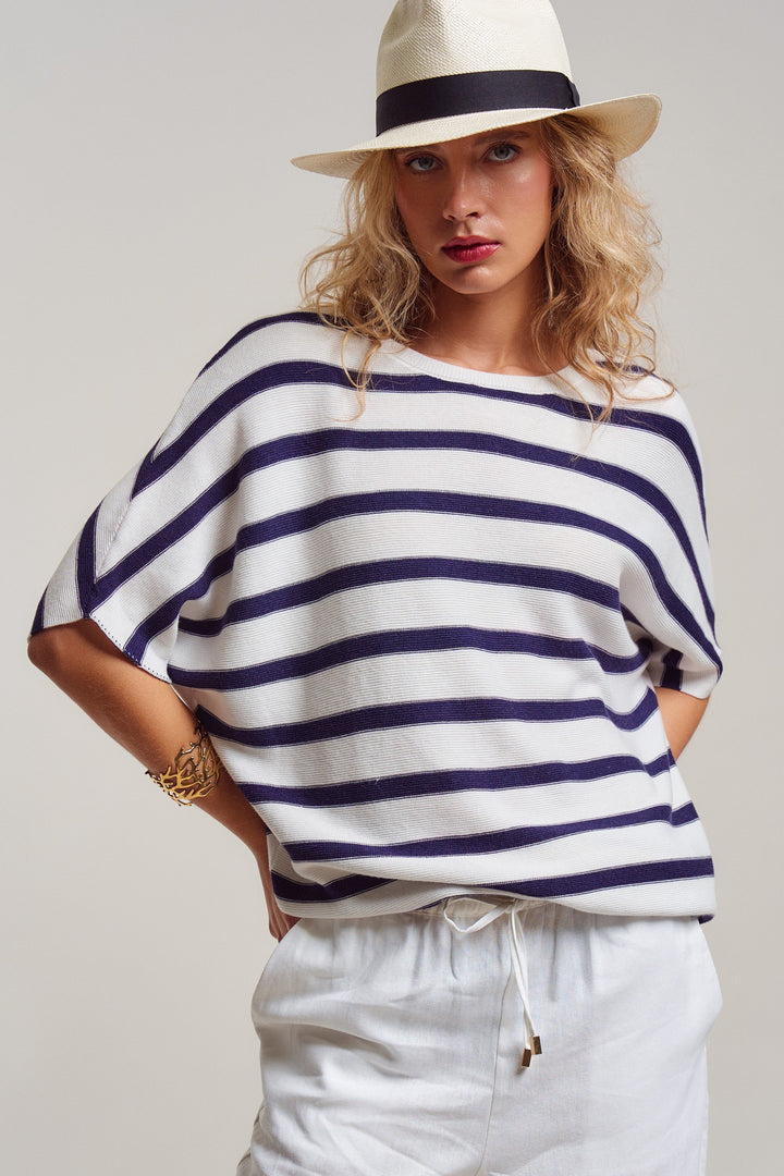 dolman short sleeve knit top - white navy