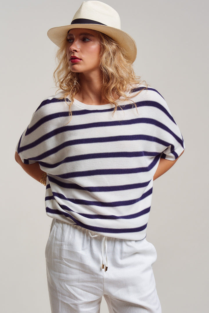 dolman short sleeve knit top - white navy (additional view)