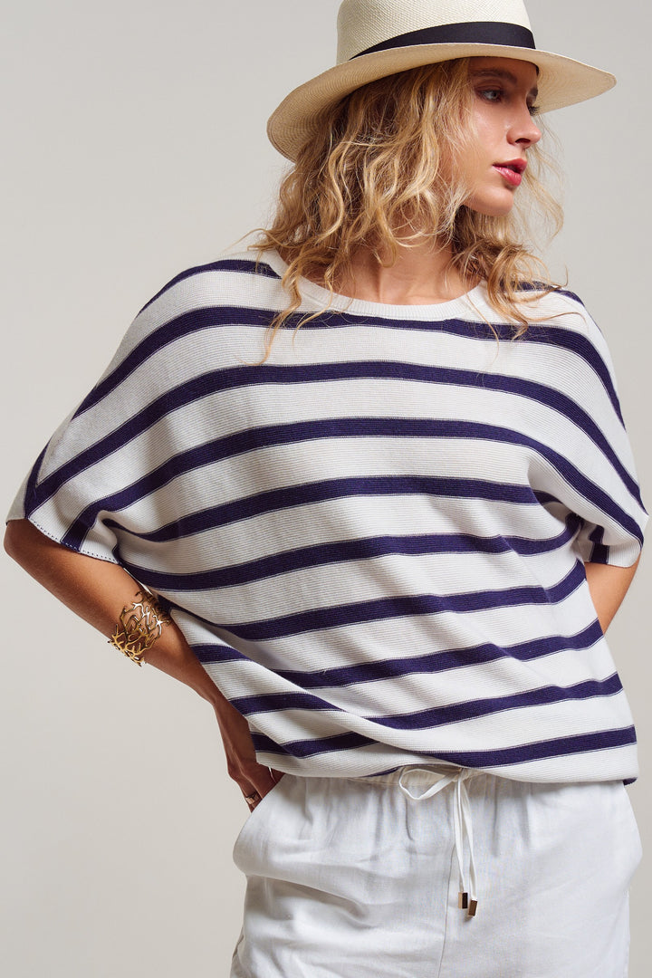 dolman short sleeve knit top - white navy (additional view)