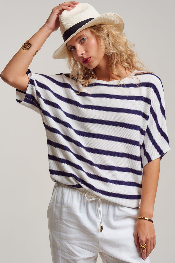 dolman short sleeve knit top - white navy (additional view)