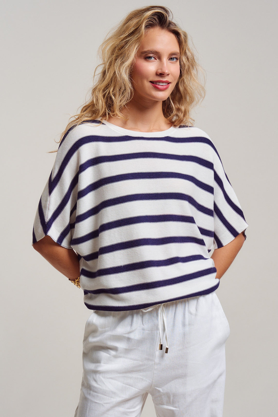 dolman short sleeve knit top - white navy (additional view)