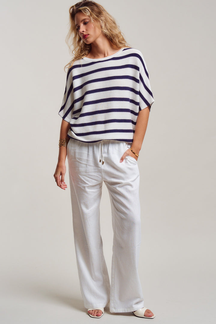 dolman short sleeve knit top - white navy (additional view)
