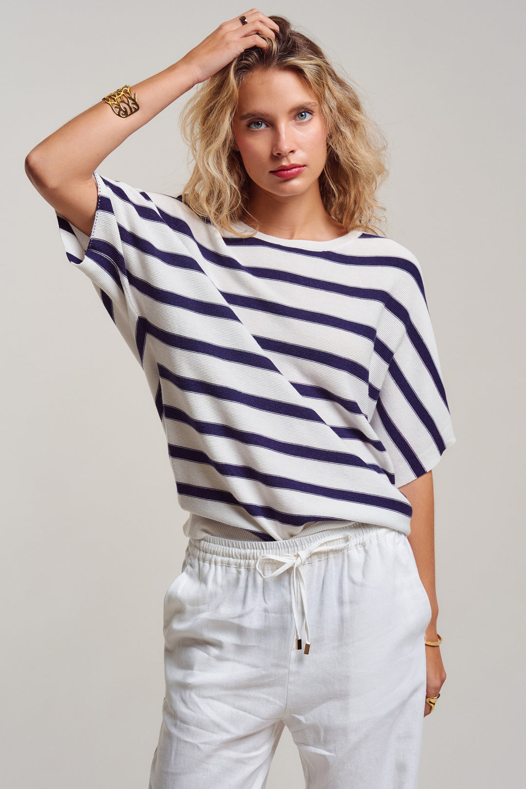 dolman short sleeve knit top - white navy (additional view)