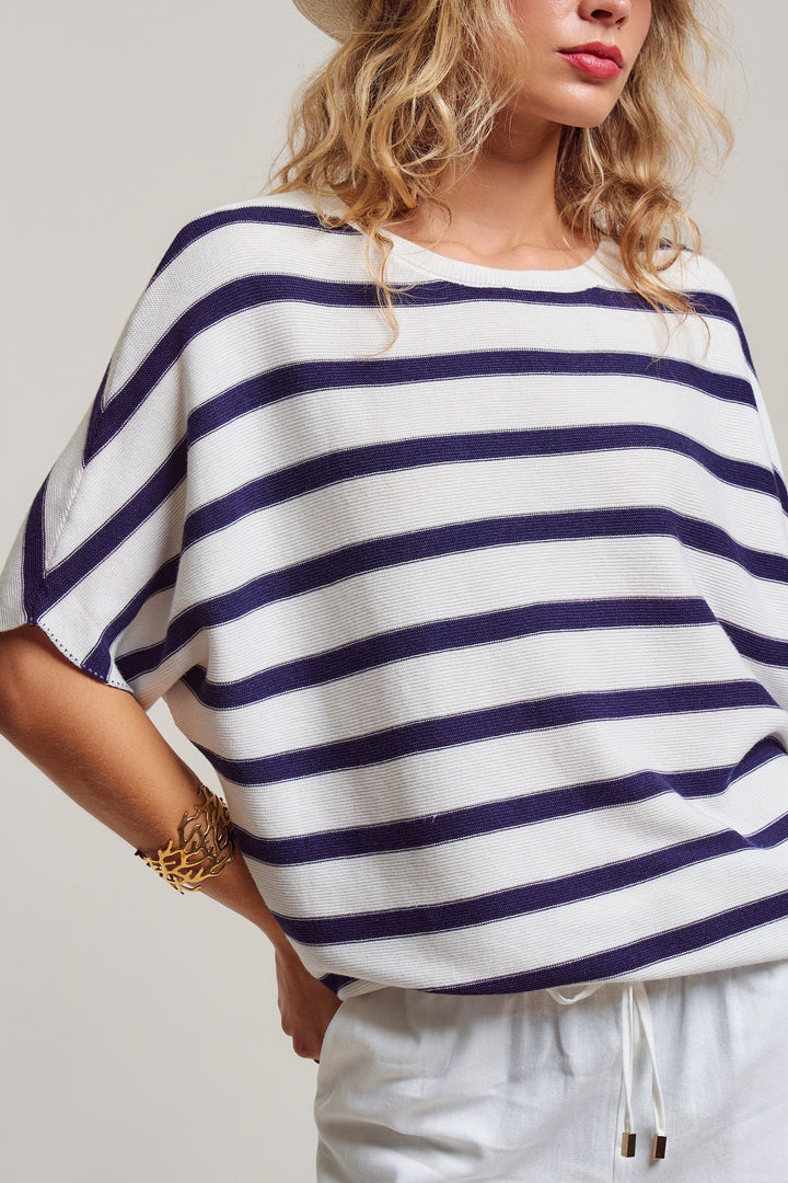 dolman short sleeve knit top - white navy (additional view)