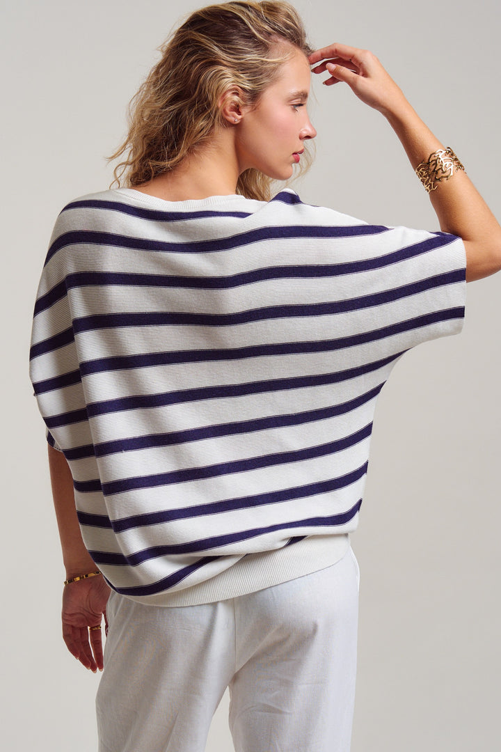 dolman short sleeve knit top - white navy (additional view)