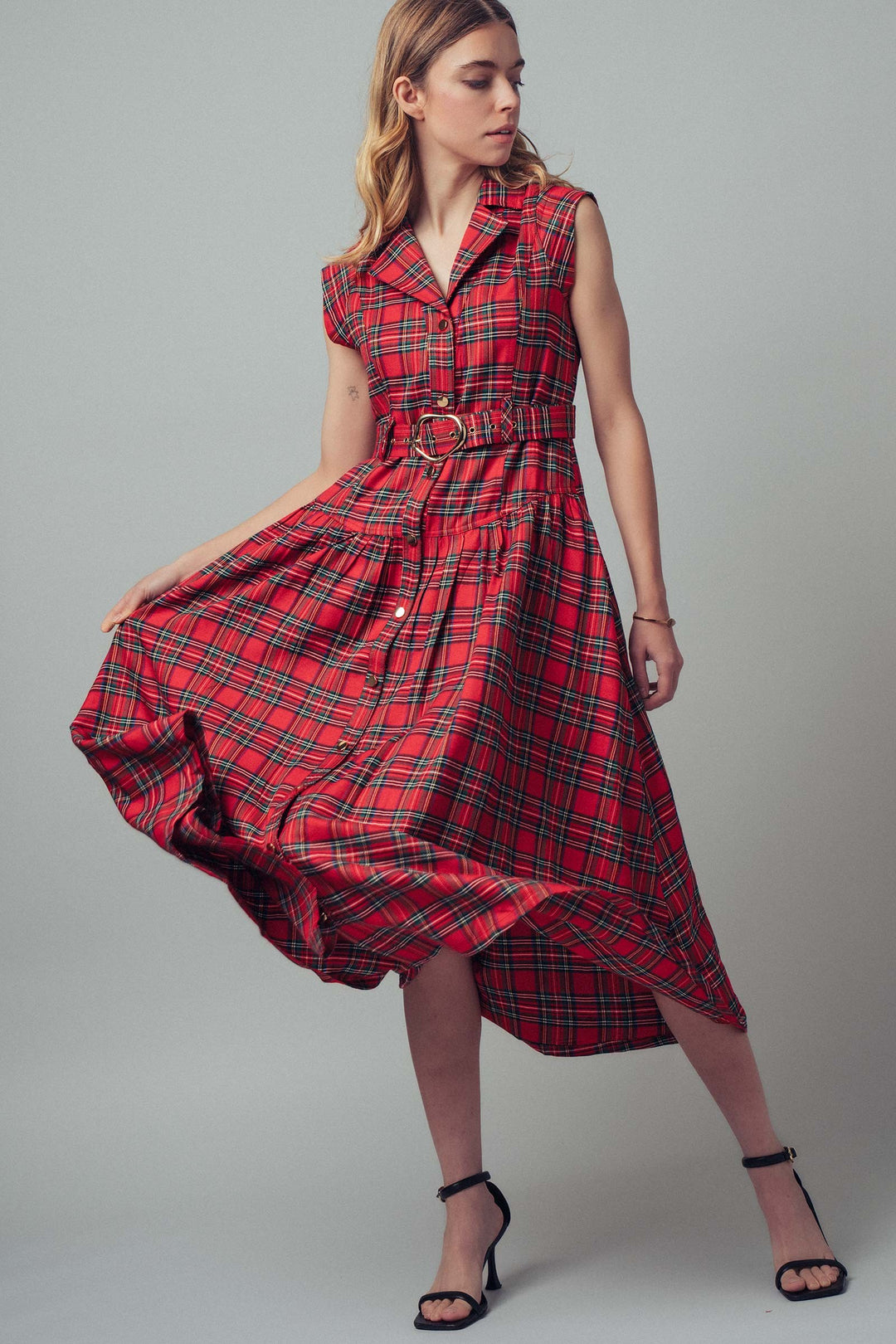 vintage inspired plaid button down midi dress - red