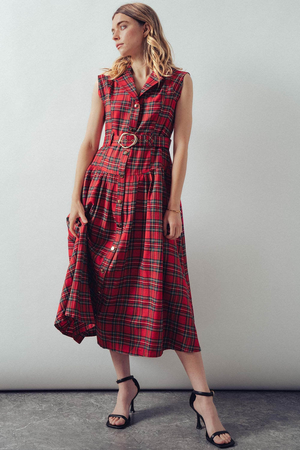 vintage inspired plaid button down midi dress - red (additional view)