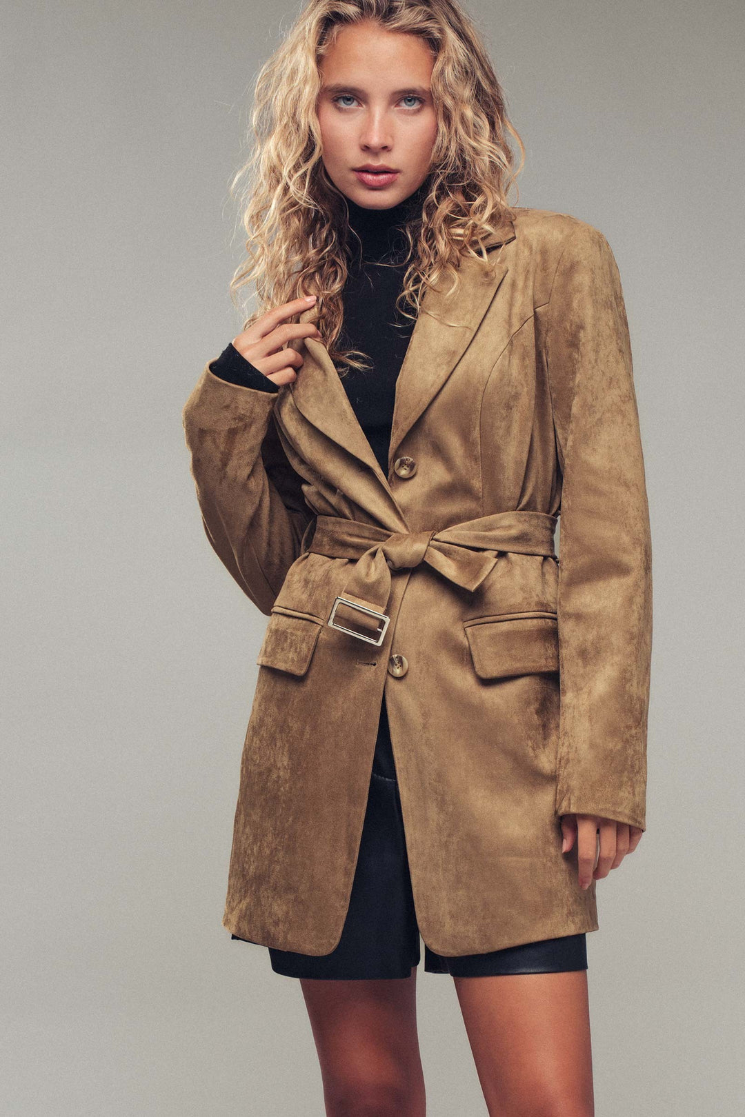 faux suede belted jacket - camel