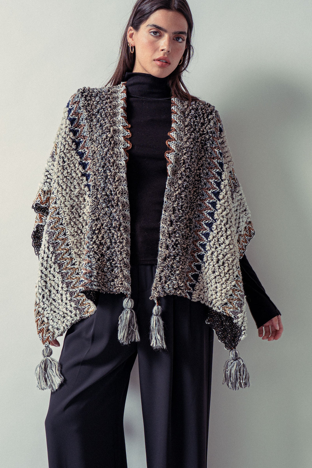 tassel knit poncho - black multi