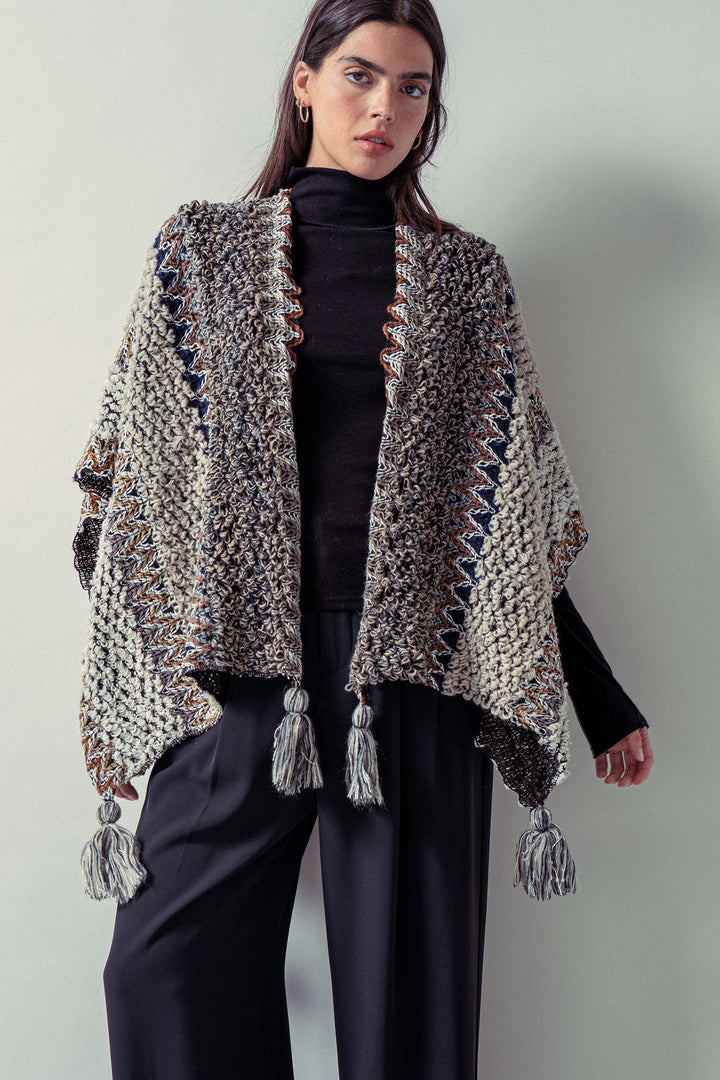 tassel knit poncho - black multi
