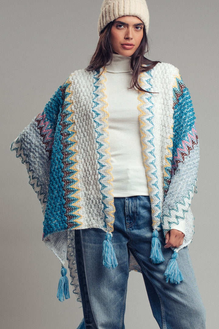 tassel knit poncho - blue multi