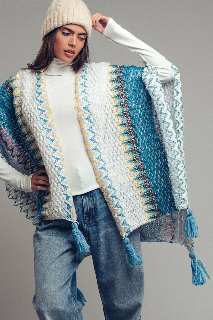 tassel knit poncho - blue multi (additional view)