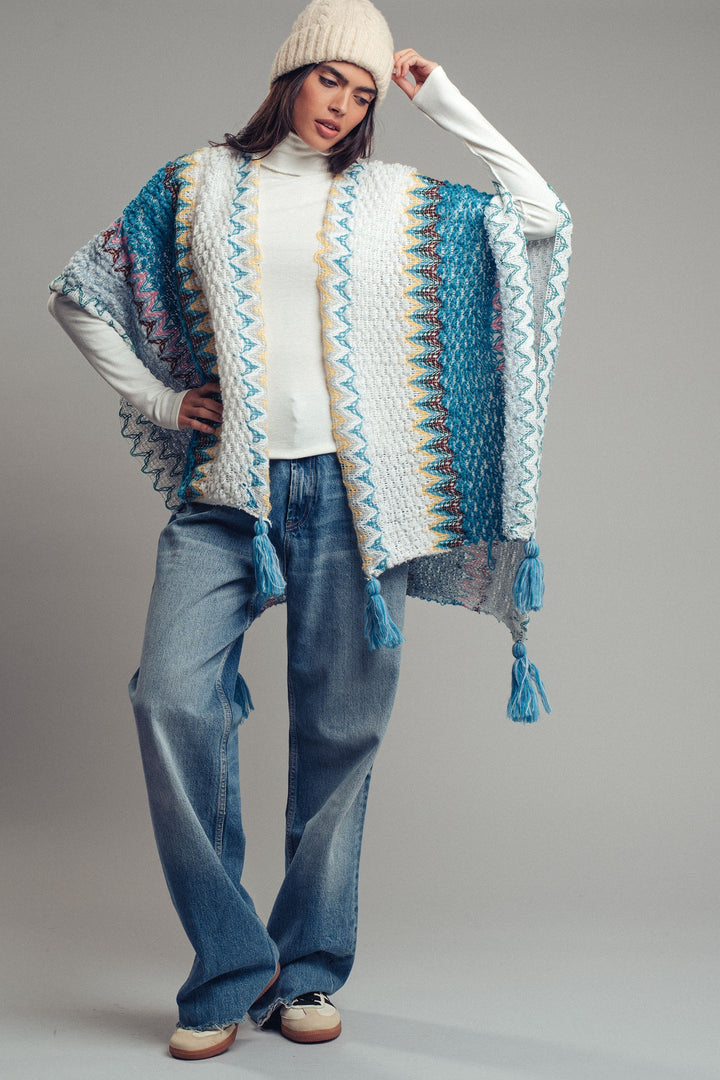 tassel knit poncho - blue multi (additional view)