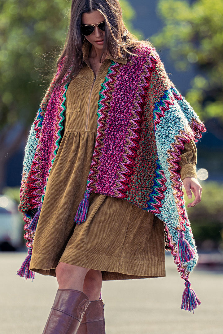 tassel knit poncho - burgundy multi
