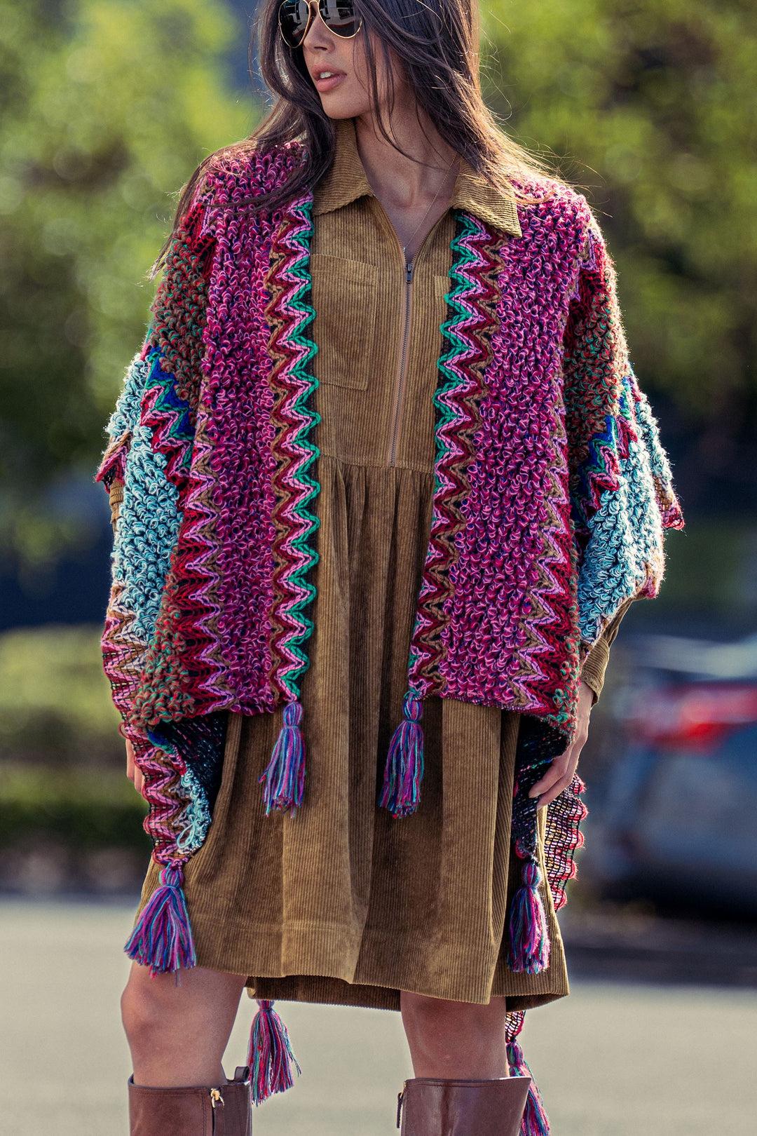 tassel knit poncho - burgundy multi (additional view)